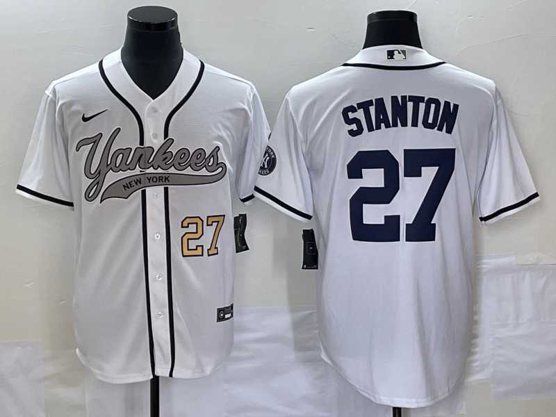 Mens New York Yankees #27 Giancarlo Stanton Number White With Patch Cool Base Stitched Baseball Jersey